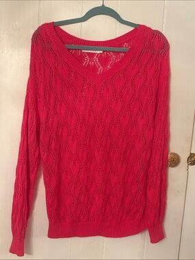 CCTOO Open-Knit V-Neck Sweater in Bright Pink NWOT Large